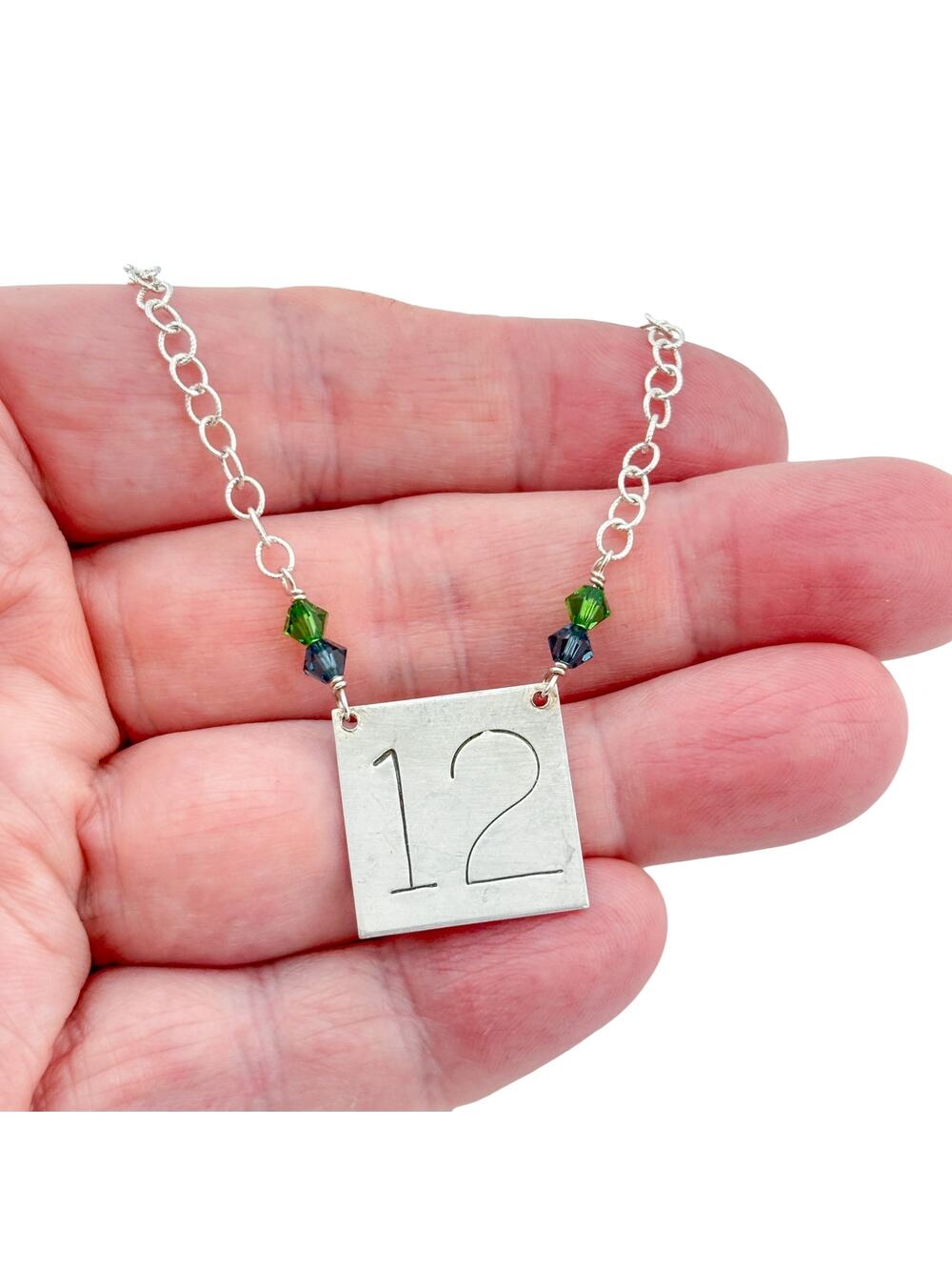 Vintage Sterling Silver 925 Number 12 Blue Green Crystal Necklace 18"